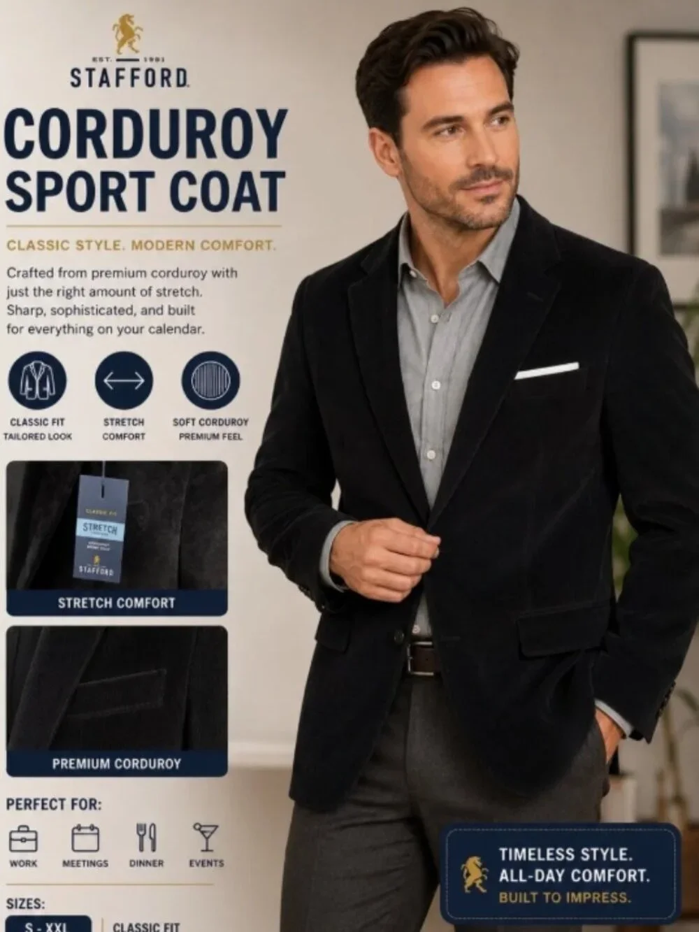Stafford Black Corduroy Sport Coat - Classic Fit size 48 Long
